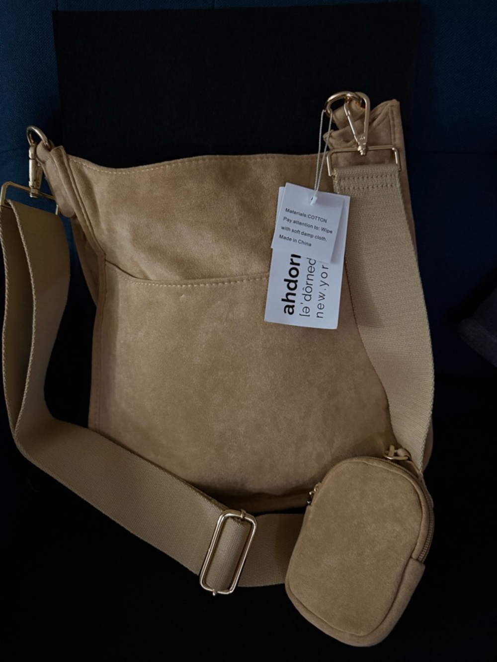 ahdor Newyork Tan Suede Crossbody Bag with Detachable Pouch